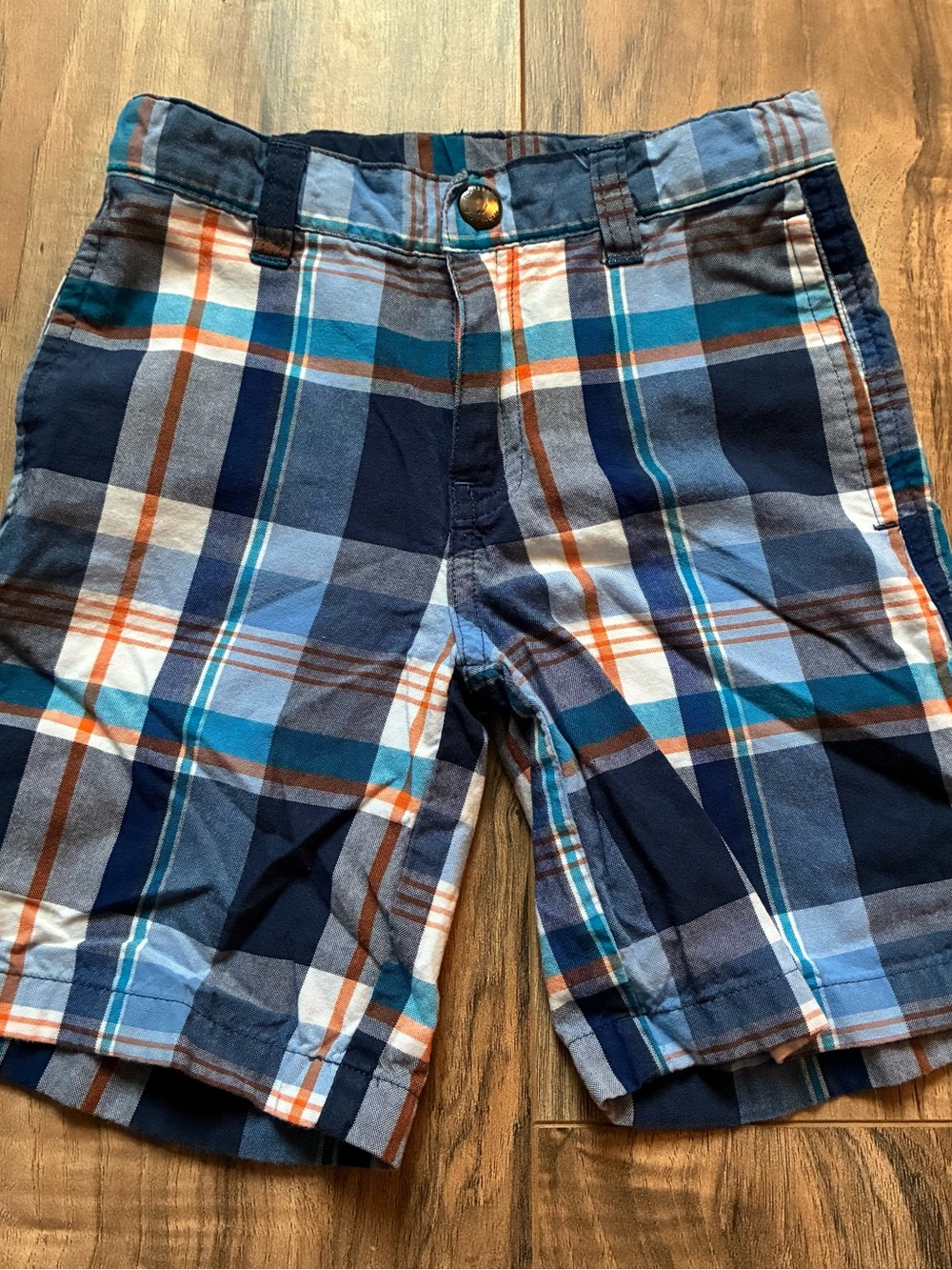 Nautica Plaid Flat-Front Shorts in Navy, Light Blue & Orange